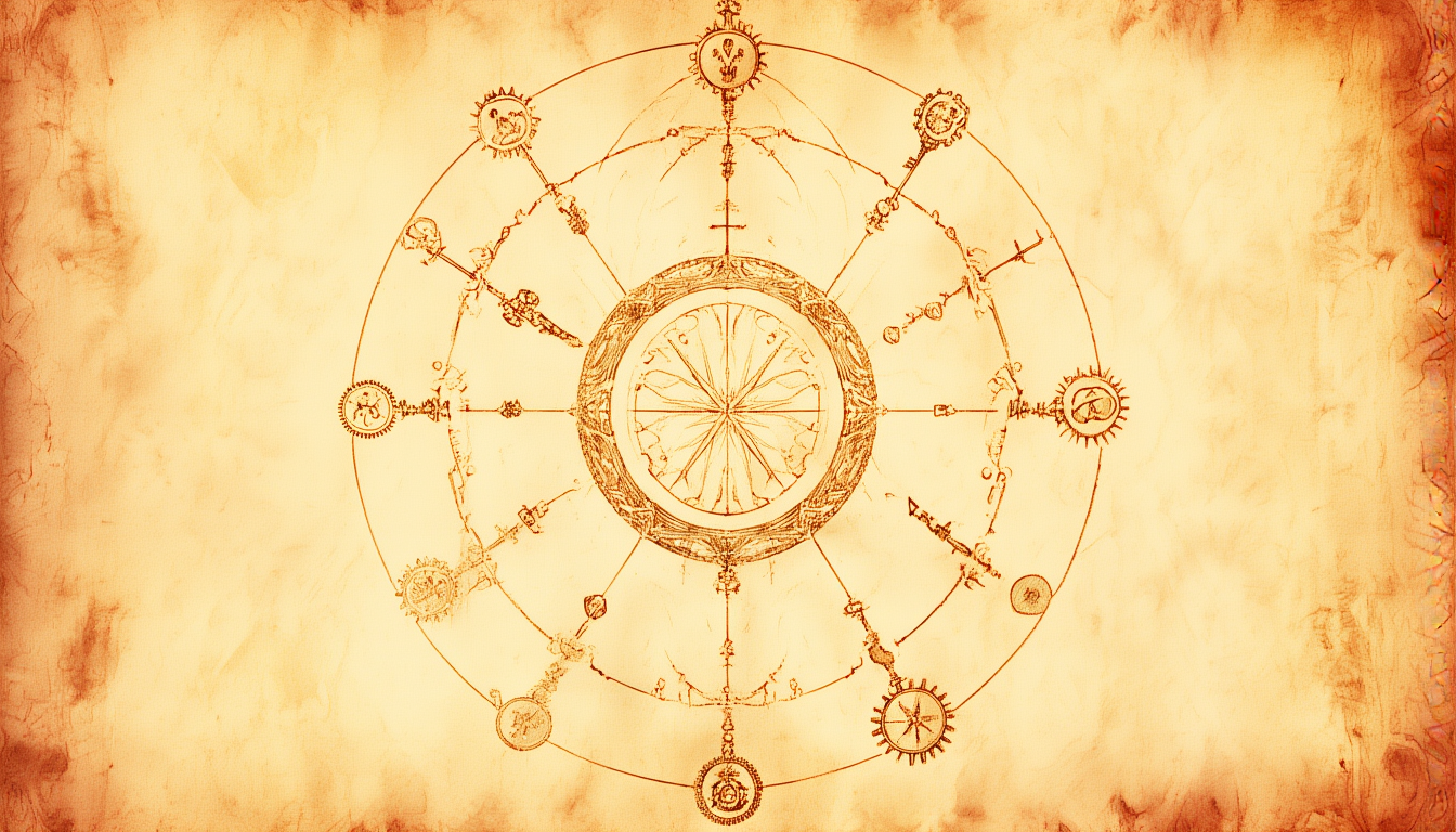 A twelve-spoked wheel mechanism, gold engraving