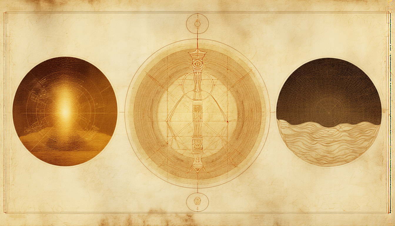 Three interlocking circles in three states of matter, gold engraving