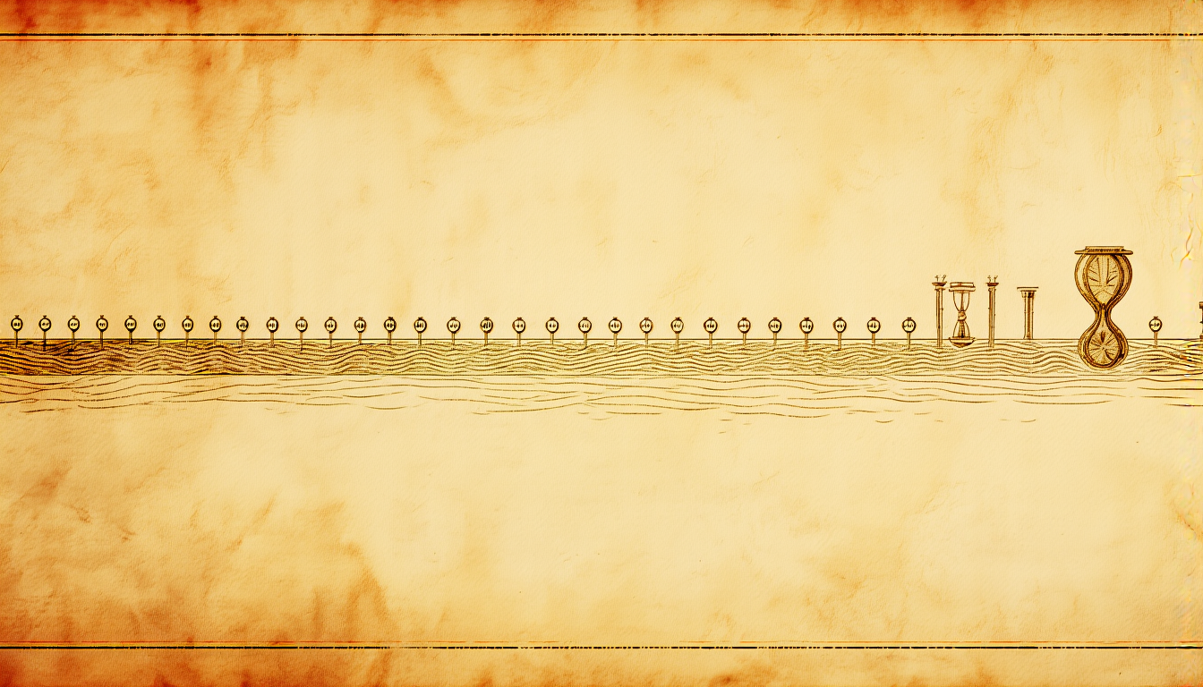 An engraved river of time with milestone markers, gold engraving