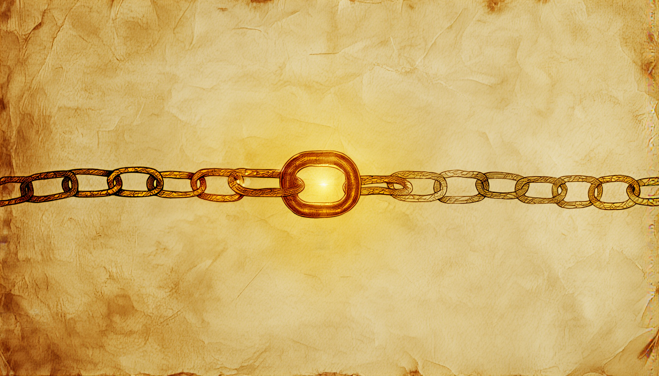 Two golden chains joined at a single welded link, gold engraving