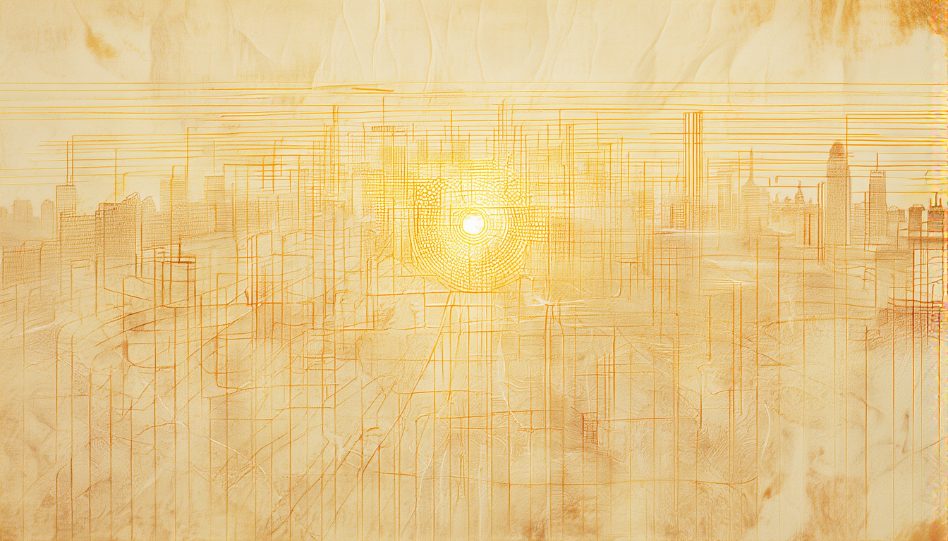 A city grid with network nodes, gold engraving