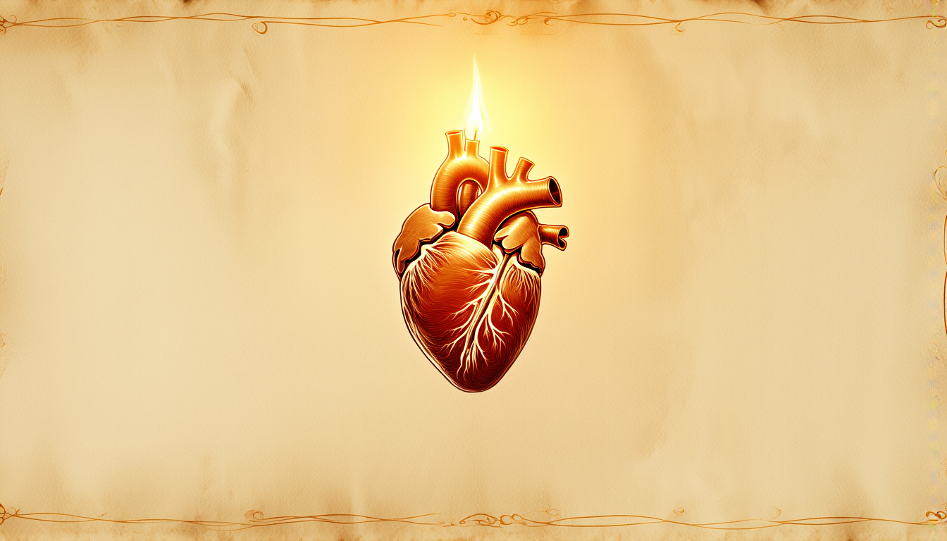 A heart behind a dissolving veil, a candle before it, gold engraving