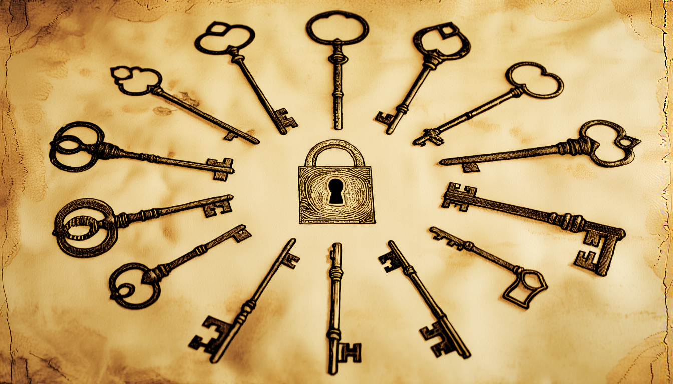 Twelve engraved keys fanned toward a single open lock, gold engraving