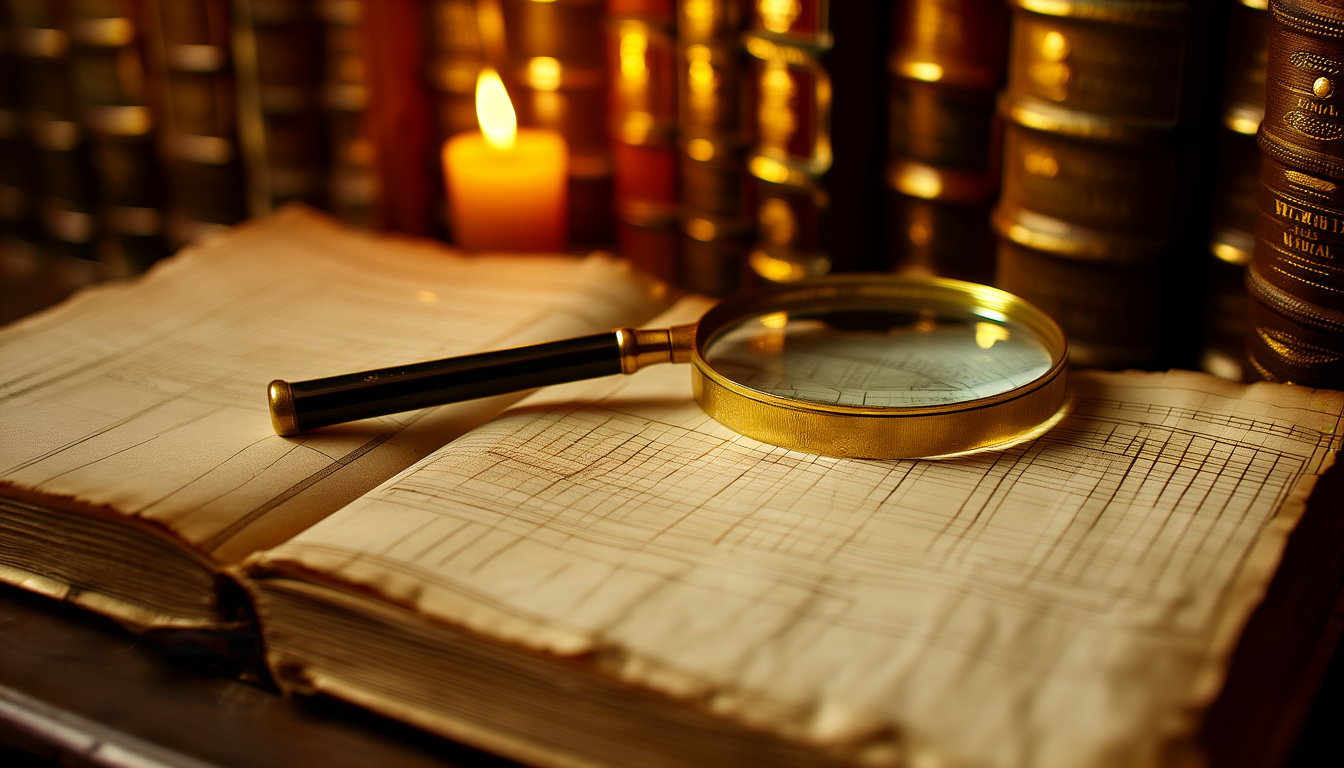 An archive of bound volumes and an open ledger, gold engraving