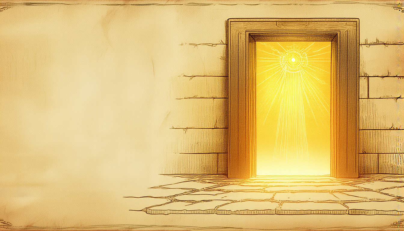 An open doorway with golden light spilling out, gold engraving